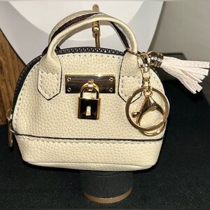 Cream Mini Handbag Keychain Coin Purse with Tassel Accent